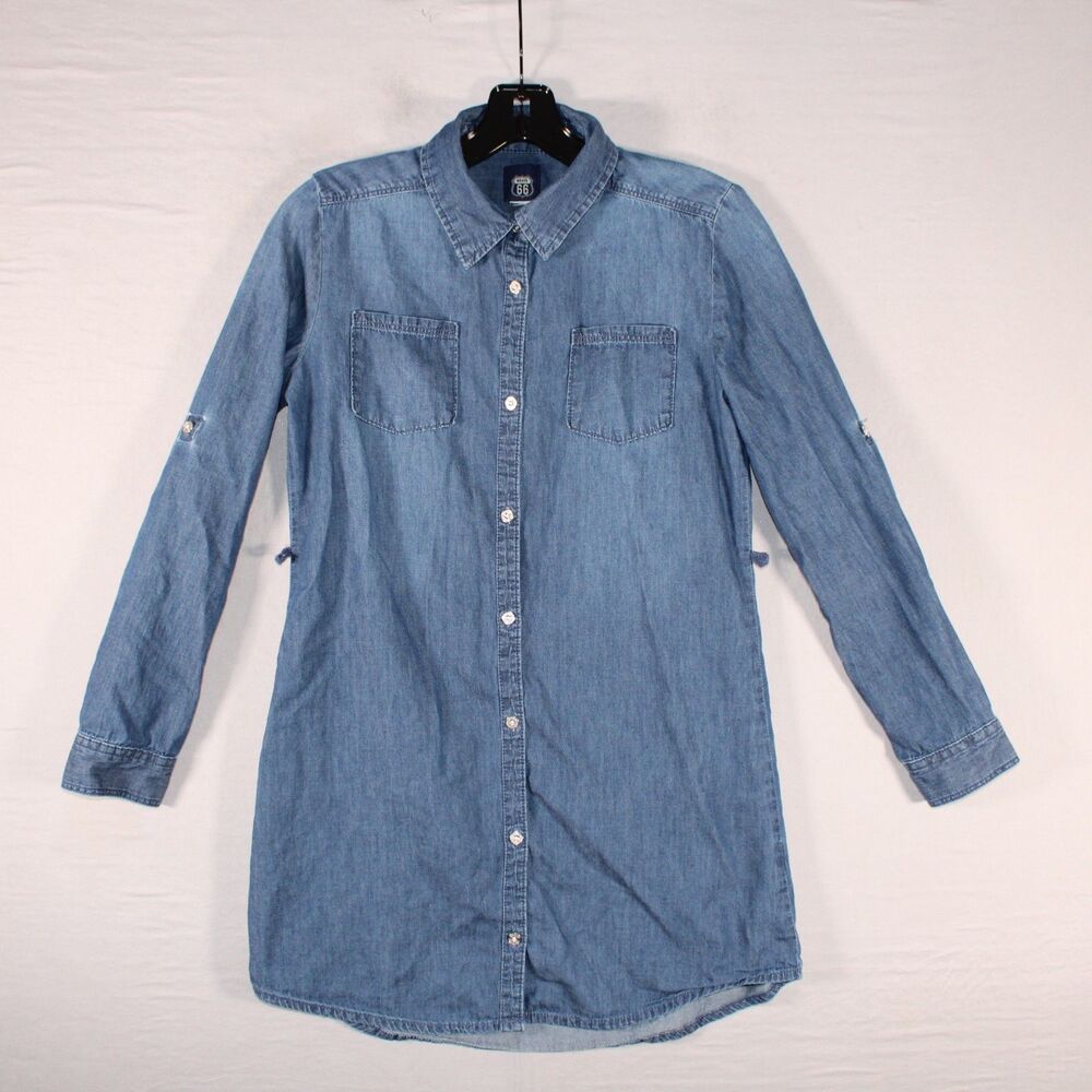 Route 66 Denim Shirt Dress Womens M Blue Chambray Button Up Long Sleeve Roll Tab